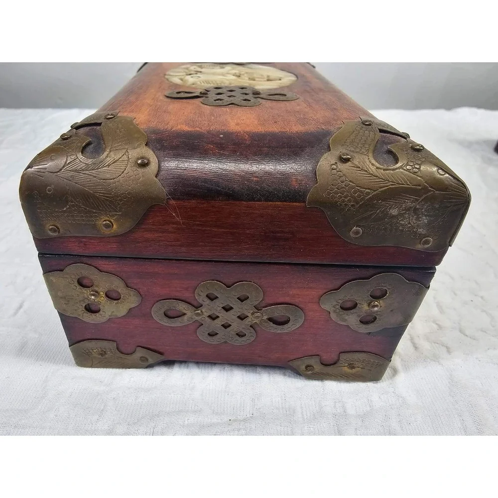 Vintage Wood Brass‎ Jade Jewelry Box Carved Jade Inlay Shanghai green Silk